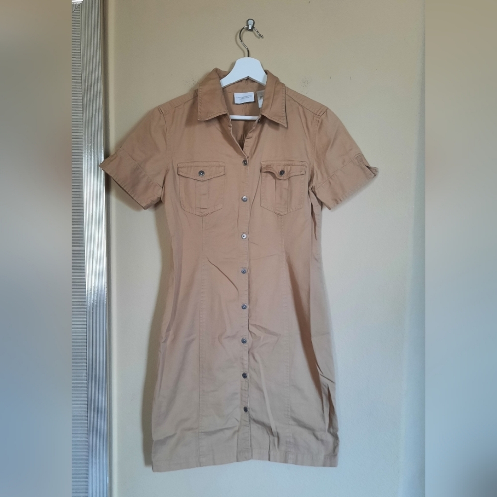 Liz Claiborne Tan Button Down Shirt Dress Safari Khaki Capsule Old Money